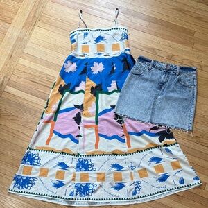Colorful Patterned Maxi Dress and Denim Jean Skirt Bundle